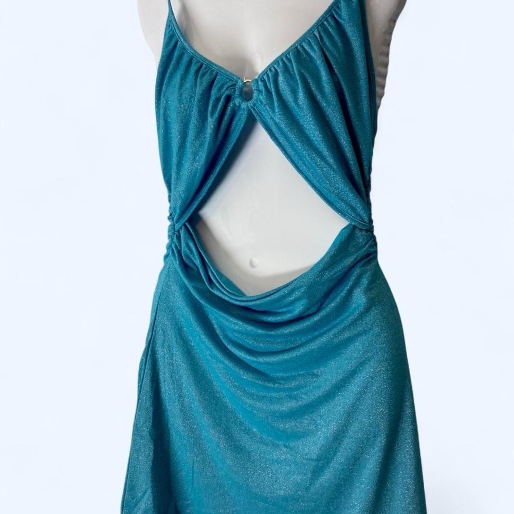 Ocean Blue Mini Dress with keyhole cutout and ruched detail S